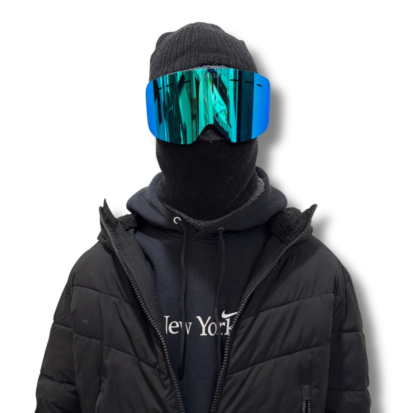 Person wearing blue Apollo Ski Goggles.
