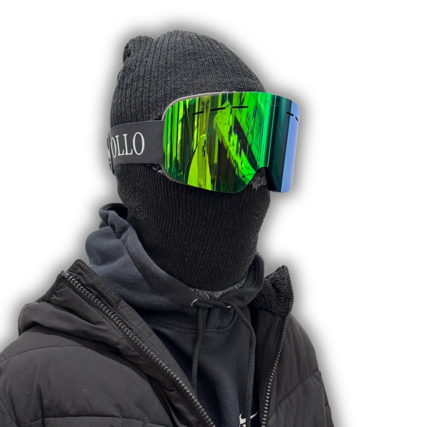 Person wearing green Apollo Ski goggles.