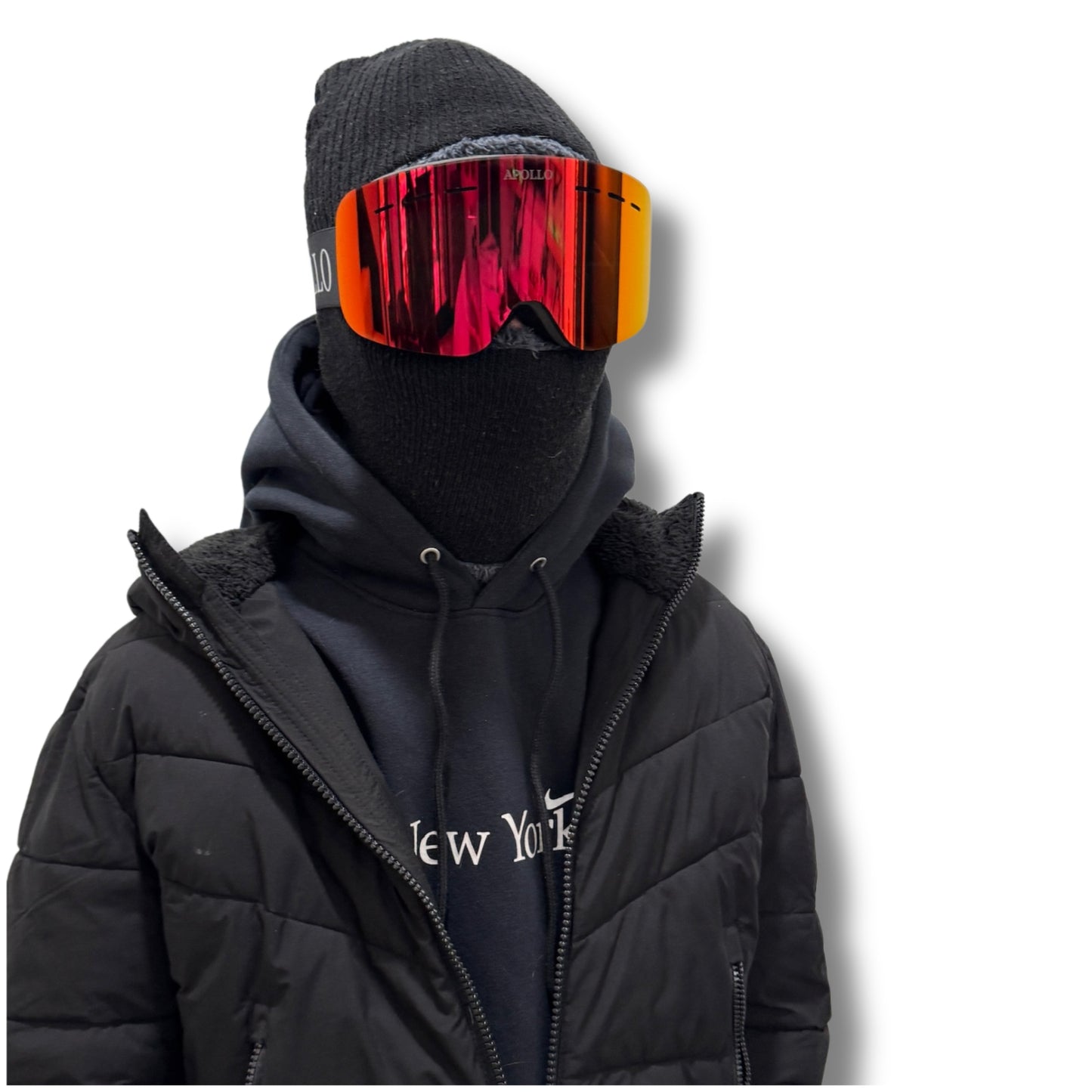 Person wearing a orange Apollo Ski goggles.