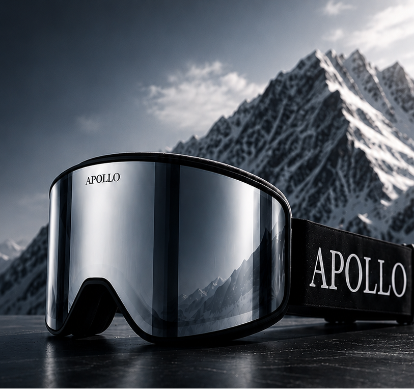 Apollo goggles with a mountainous background